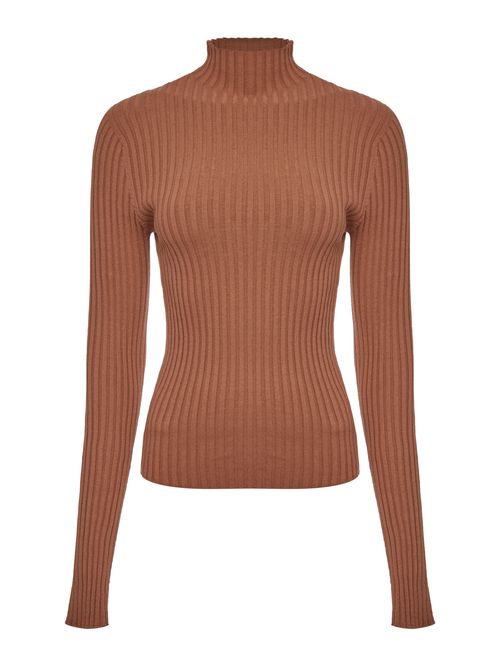Camel Ribbed Chimney Collar Blouse