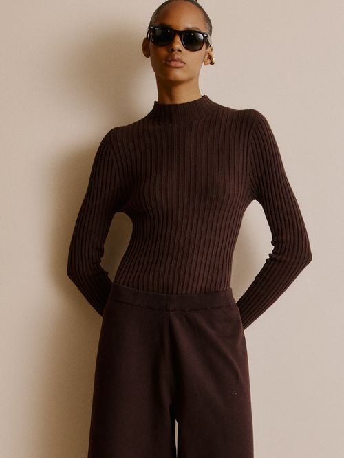 Chocolate Chimney Neck Ribbed Blouse