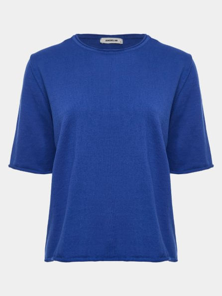 Basic Abyssal Blue Roll-Sleeve Blouse