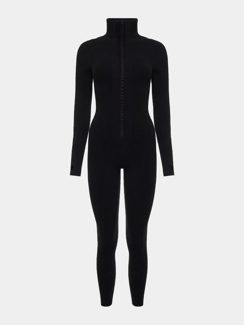 Sporty Black Ribbed Jumpsuit
