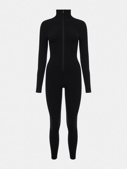 Sporty Ribbed Jumpsuit in Black Merino Wool