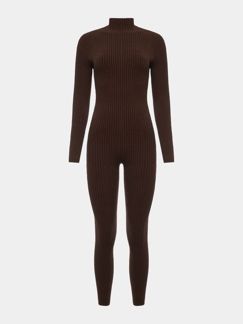 Chocolate Long Sleeve Ribbed Jumpsuit