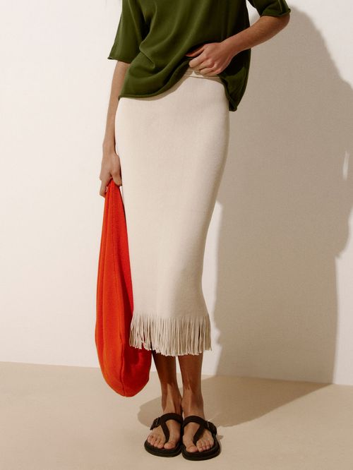 Saia Midi com Franjas 100% Algodão Cru