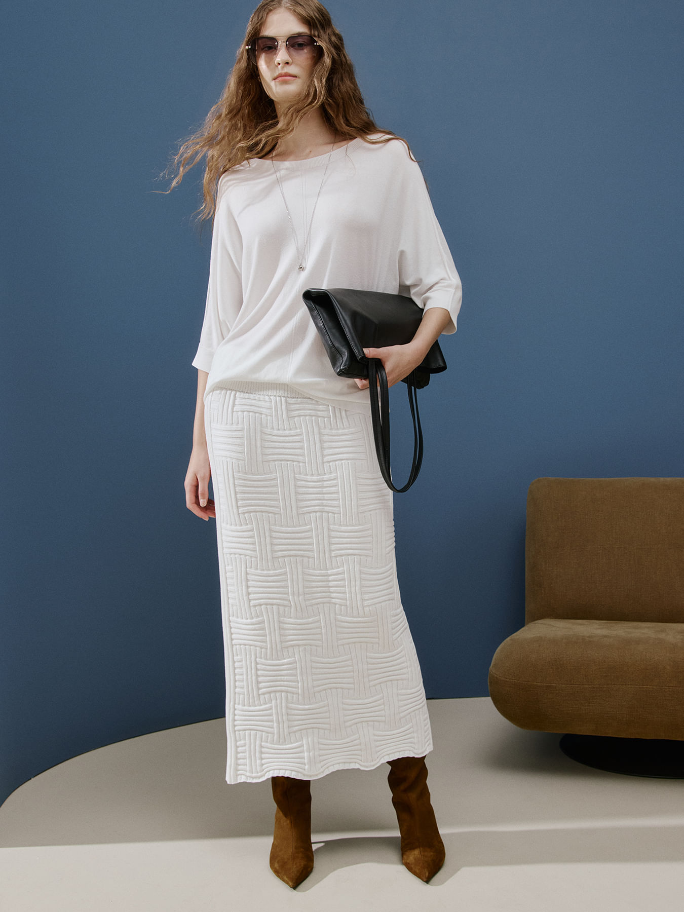 Blusa Longa Feminina de Tricô 3D Canoa Off White - Anselmi