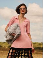 Blusa Plissada Evasê Gola Polo Rosa Pó - Anselmi Feminino