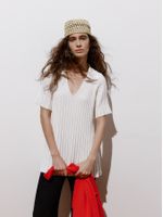 Blusa Plissada Evasê Gola Polo Off White - Anselmi Feminino