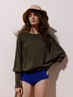 Blusa feminina de tricô 3D com manga morcego e punhos altos, da Anselmi