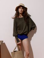 Blusa feminina de tricô 3D com manga morcego e punhos altos, da Anselmi