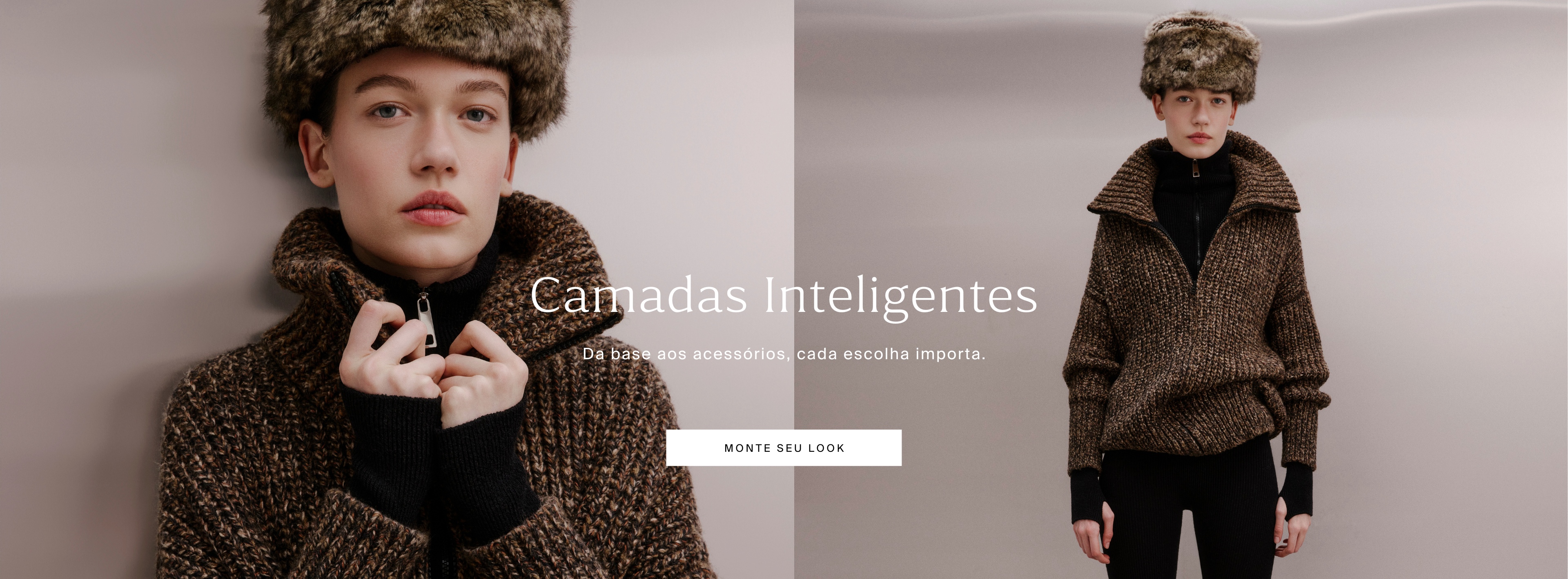 Modelo vestindo look de inverno em tons terrosos, com suéter de tricô marrom, gola alta preta e chapéu de pele, destacando proposta de camadas inteligentes para moda feminina contemporânea.