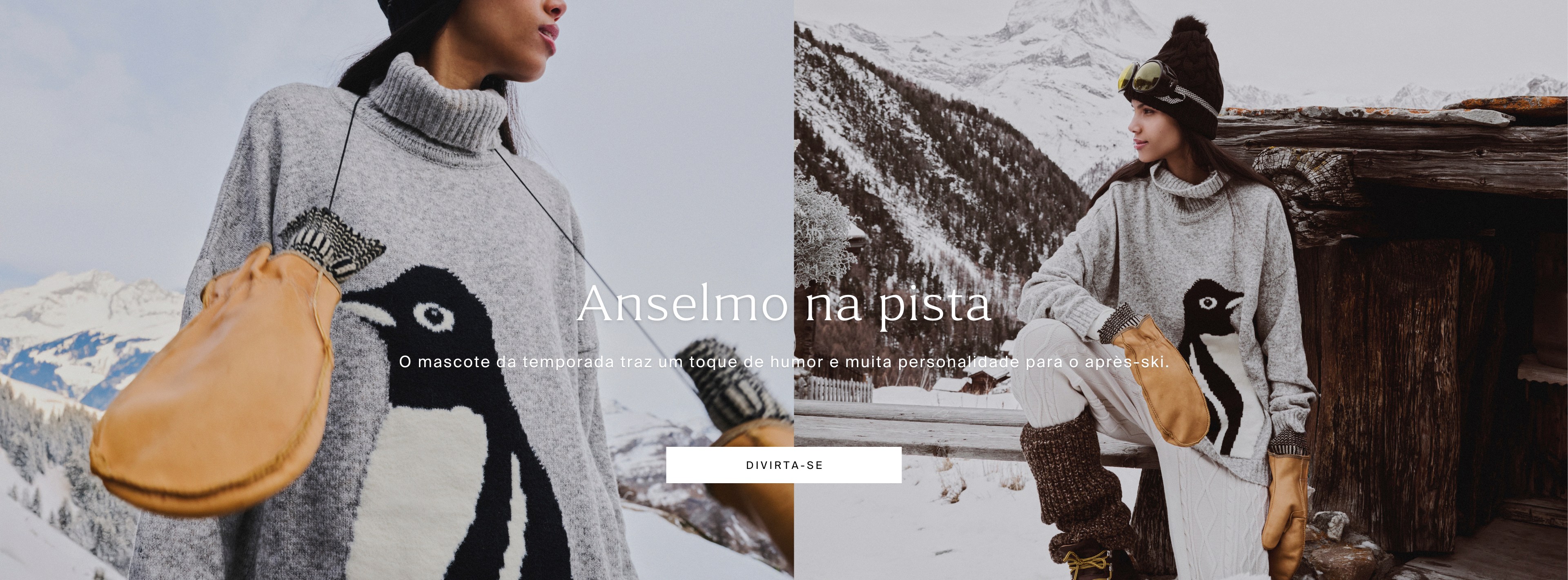 Look de inverno Anselmo com suéter de tricô estampado de pinguim, usado em ambiente de neve e montanha, inspirado no lifestyle après-ski.